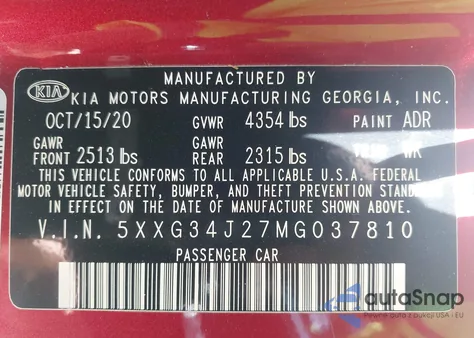 2021 Kia K5 Ex from USA, damaged, VIN 5XXG34J27MG037810
